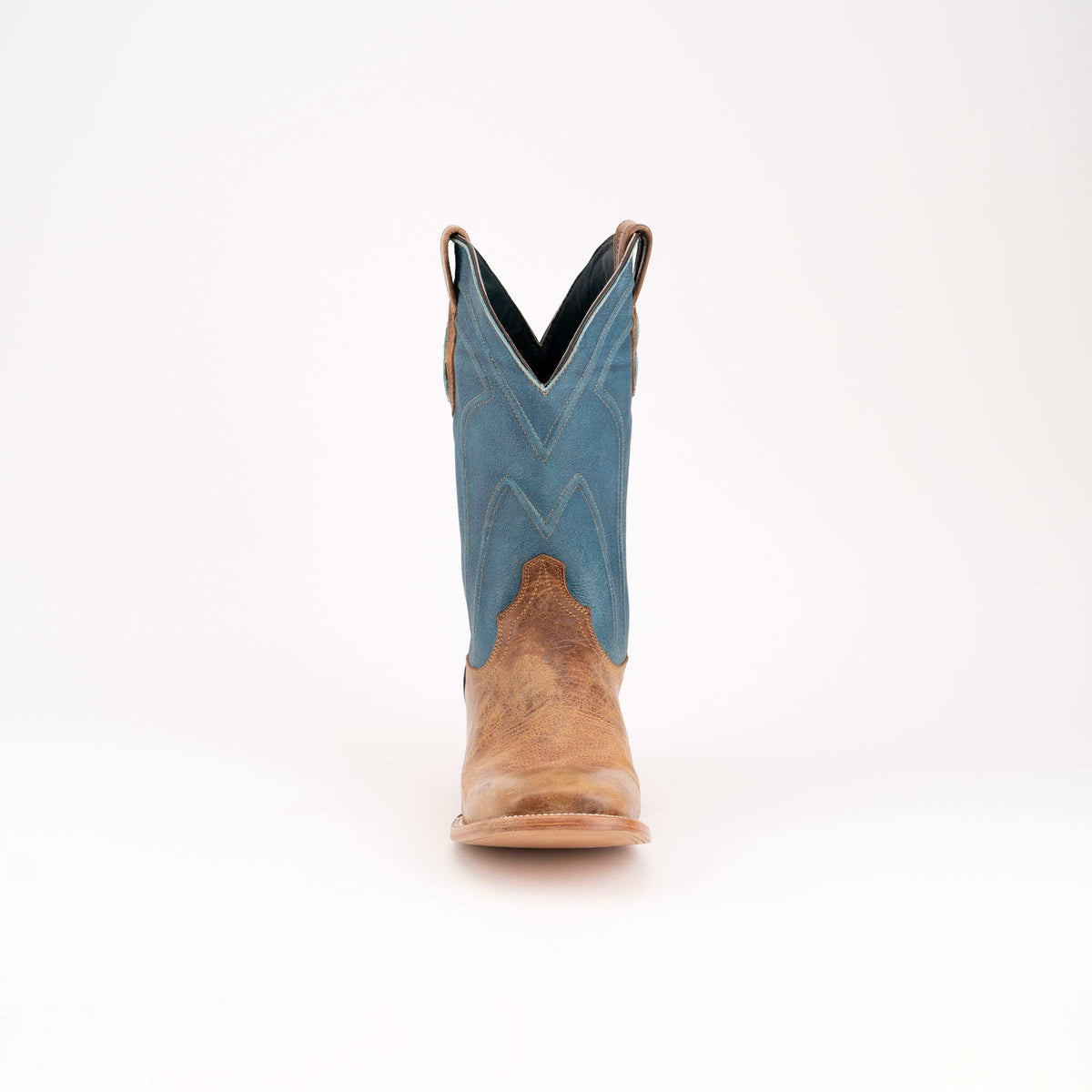 Men's Ferrini Maddox Leather Boots, a tan and blue western leather boot with contrast stitching and pull tabs.