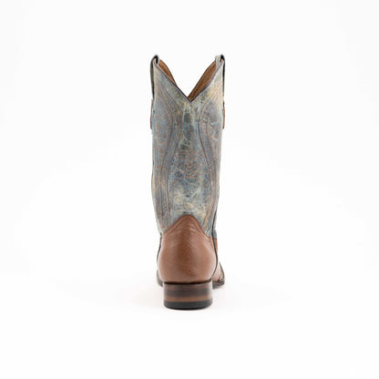 Men's Ferrini Morgan cowboy boot in blue-gray smooth ostrich leather with a brown heel counter and block heel
