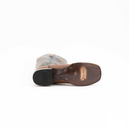 Men's Ferrini Morgan boot showing a smooth brown leather outsole with branded stamp and dark rubber heel