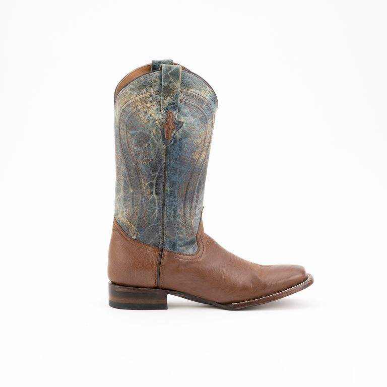 Men's Ferrini Morgan cowboy boot in brown smooth leather with a blue-gray patterned shaft and pointed square toe