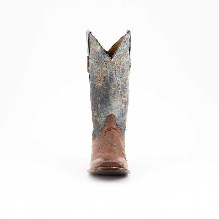 Men's Ferrini Morgan western boot with brown smooth ostrich vamp and blue-gray embroidered shaft, pointed toe
