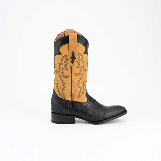 Men's Ferrini Nash Ostrich Leg Boots in black leather with tan embroidered shaft, ostrich leg vamp and round toe