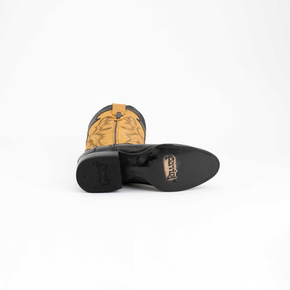 Men's Ferrini Nash Ostrich Leg Boots with black leather soles and tan ostrich leg shafts featuring stitched detailing