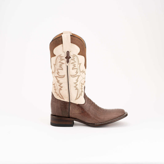 Men's Ferrini Nash Ostrich Leg Boots in brown leather with textured vamp, cream embroidered shaft and square toe