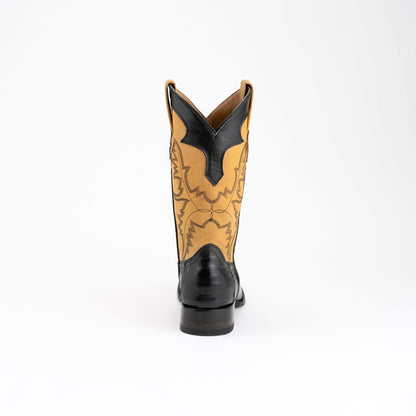 Men's Ferrini Nash Ostrich Leg Boots with tan stitched shafts, black leather heels and pull tabs, viewed from behind