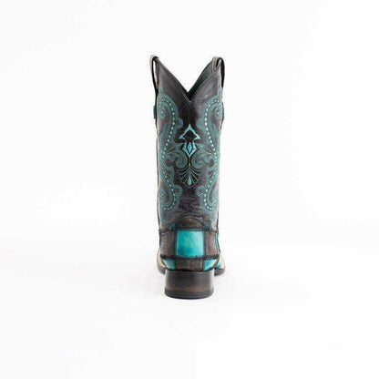 Men's Ferrini Patchwork Leather Boots in black and teal leather, featuring ornate embroidered stitching and turquoise heel accents