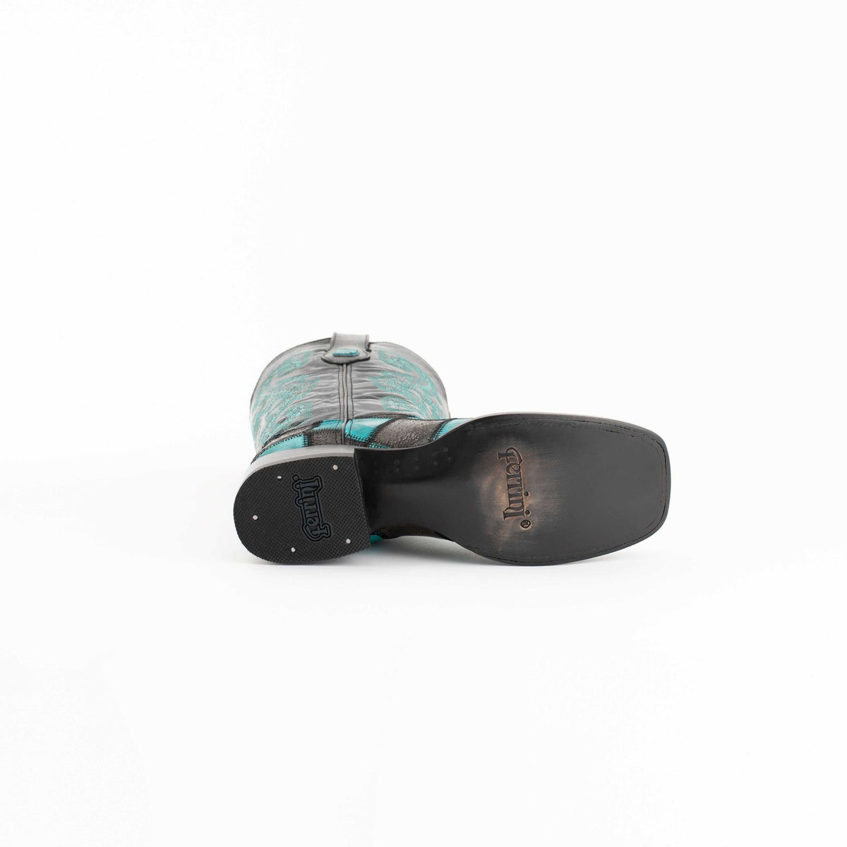 Men's Ferrini Patchwork Leather Boots with black soles and a teal stitched leather shaft, viewed from below
