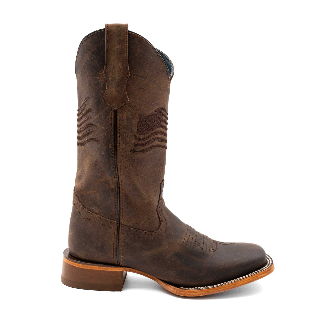 Men's Ferrini Patriot Leather Boots in distressed chocolate leather with a square toe, stitched flag detail and block heel