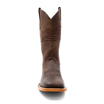 Men's Ferrini Patriot Leather Boots in chocolate brown leather, with stitched flag-inspired detailing and a square toe