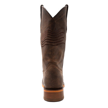 Men's Ferrini Patriot Leather Boots in dark chocolate leather, featuring a tall shaft, stitched wave pattern and stacked heel