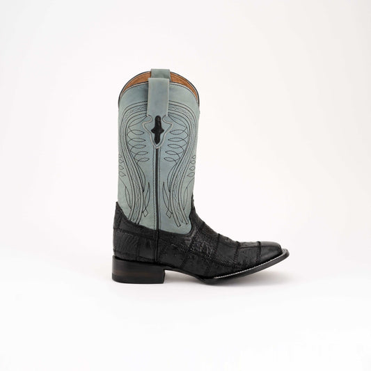 Men's Ferrini Pinto Ostrich Boots in black textured leather with a light blue embroidered shaft and square toe