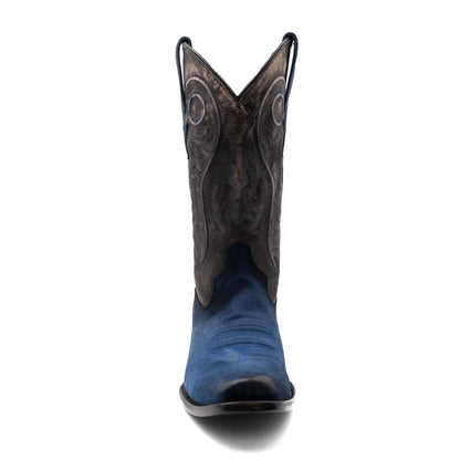 Men's Ferrini Roughrider Leather Boots in blue leather with dark brown patterned shafts, pointed pull tabs and square toes.