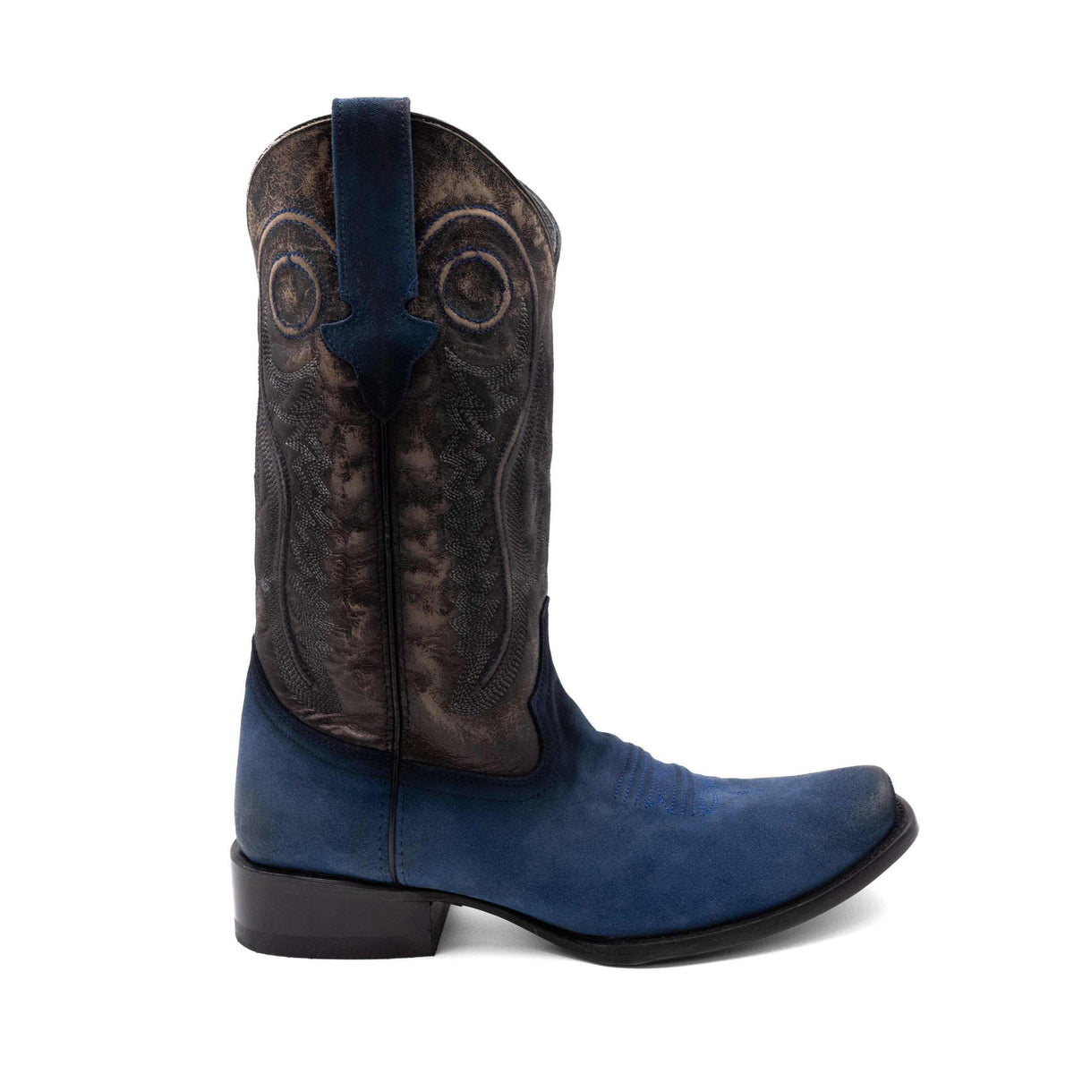 Men's Ferrini Roughrider Leather Boots with electric blue leather foot, dark brown embroidered shaft and narrow square toe
