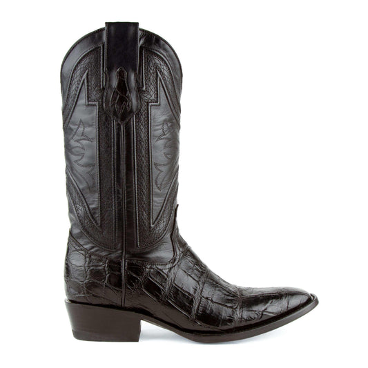 Men's Ferrini Stallion black leather cowboy boot with glossy alligator belly vamp and embroidered shaft details
