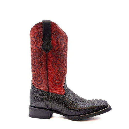 Men's Ferrini Stampede Caiman Crocodile PRINT Boots with a black crocodile-print vamp, red embroidered shaft and square toe