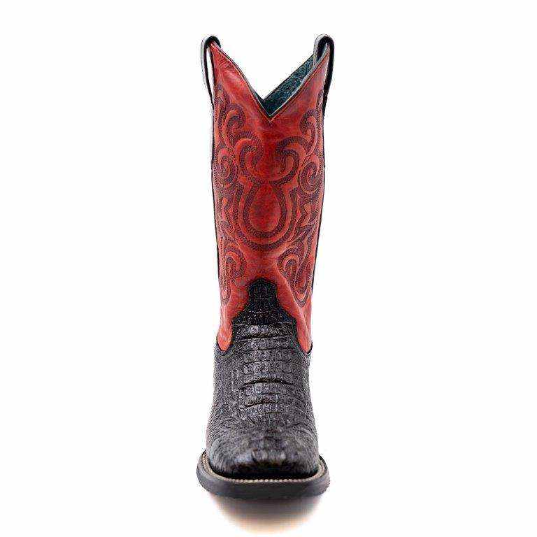 Men's Ferrini Stampede Caiman Crocodile PRINT Boots with gray crocodile-print vamp, red embroidered shaft, and square toe