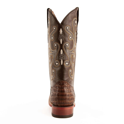 Men's Ferrini Stampede western boots in rust-brown leather with crocodile-print heel and ornate cream shaft stitching