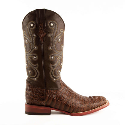 Men's Ferrini Stampede cowboy boot in dark rust brown leather with embossed caiman print vamp and stitched shaft