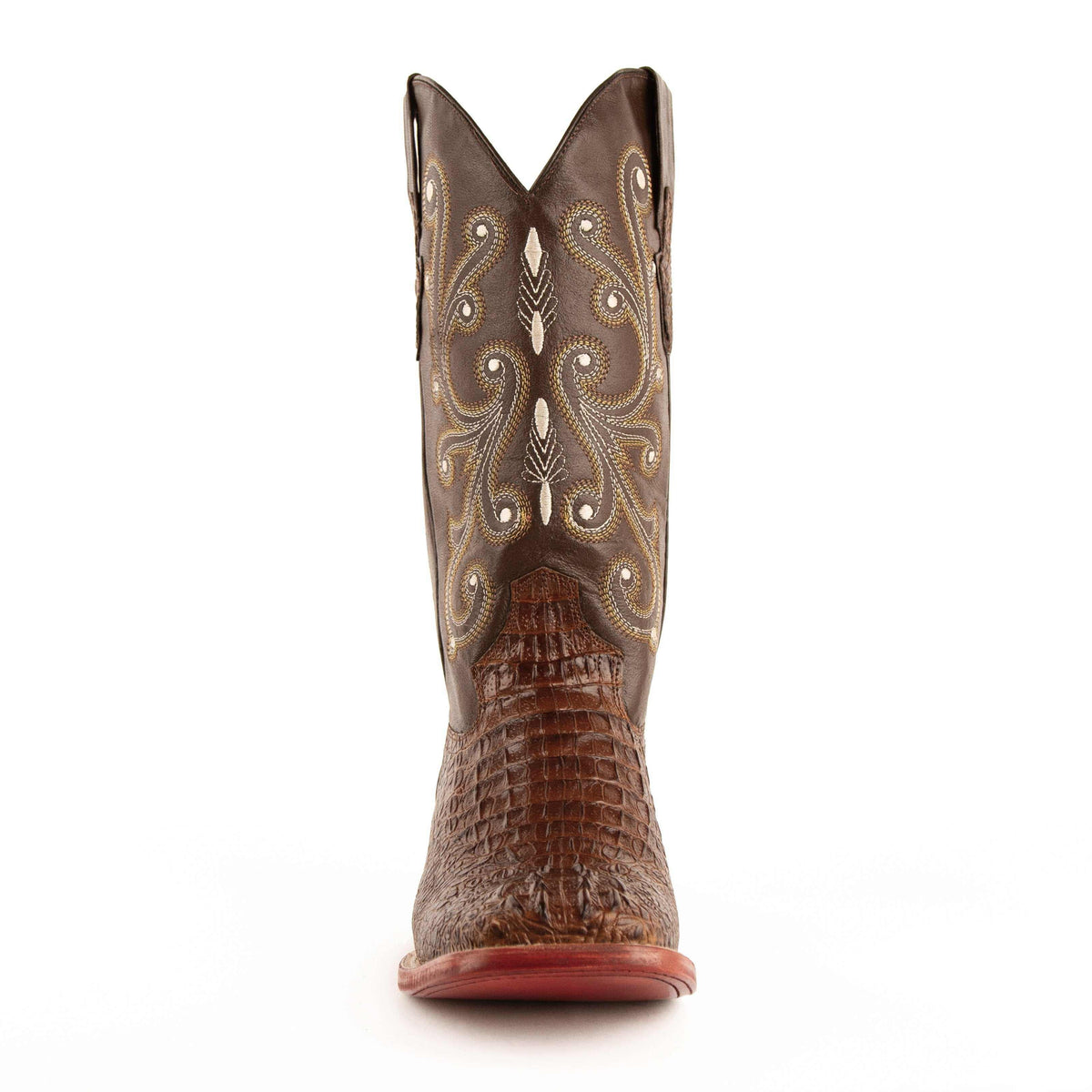 Men's Ferrini Stampede cowboy boot in rust-brown leather with a textured crocodile-print vamp and ornate stitched shaft