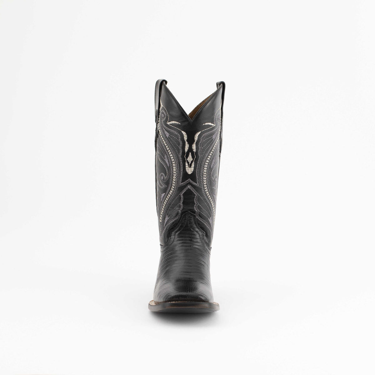 Men's Ferrini Taylor Teju Lizard Boots in black leather with a square toe and decorative white stitching on the shaft