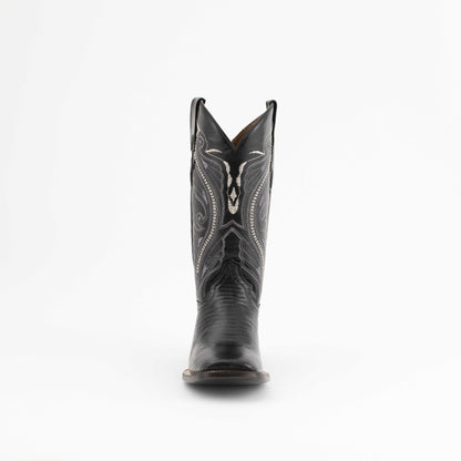 Men's Ferrini Taylor Teju Lizard Boots in black leather with a square toe and decorative white stitching on the shaft