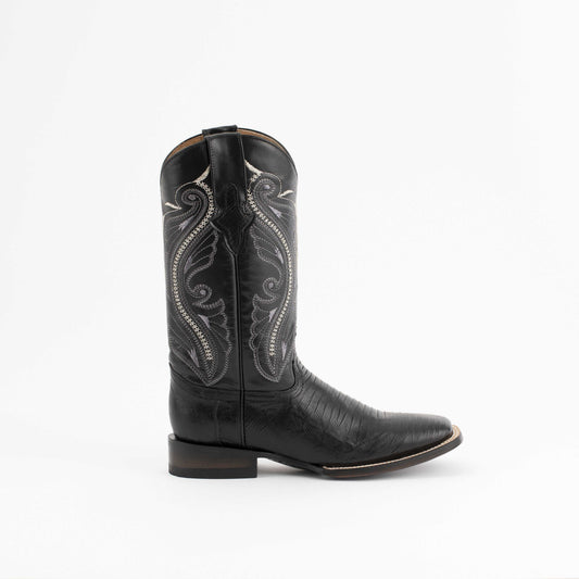 Men's Ferrini Taylor Teju Lizard Boots in black leather with textured vamp, ornate stitched shaft and square toe