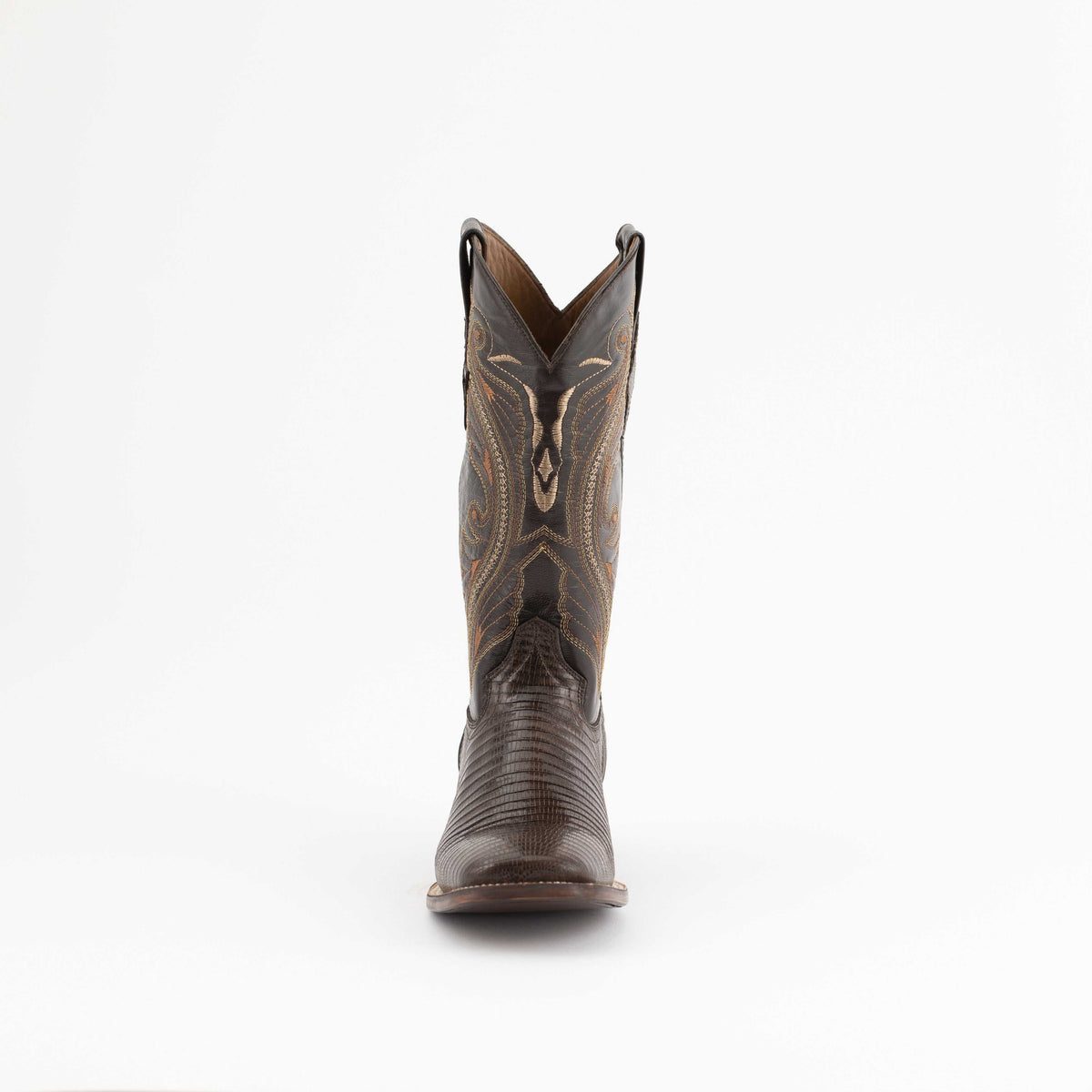 Men's Ferrini Taylor Teju Lizard Boots in brown leather with textured lizard vamp, embroidered shaft and square toe