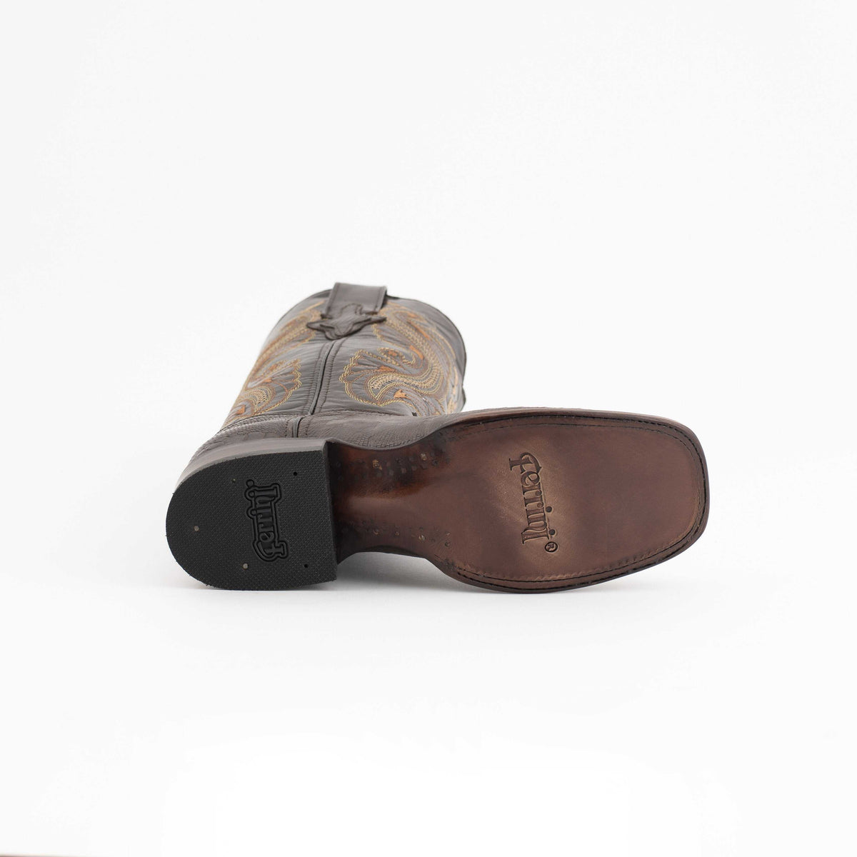 Men's Ferrini Taylor Teju Lizard Boots with brown leather sole, dark heel, and gray shaft with ornate embroidery