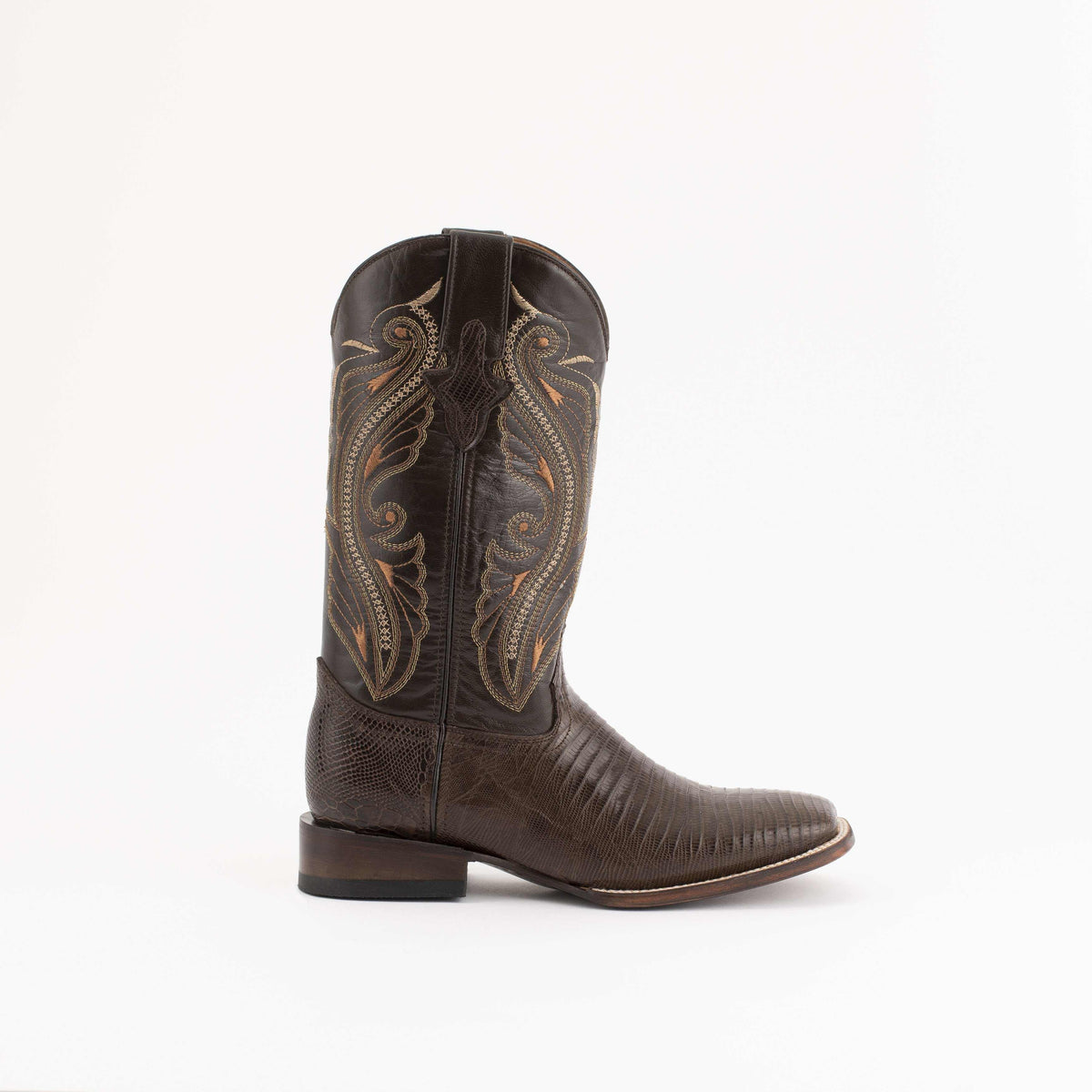 Men's Ferrini Taylor Teju Lizard Boots in dark brown leather with textured lizard vamp and ornate embroidered shaft