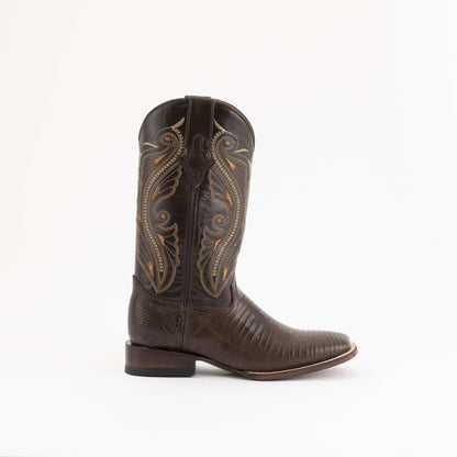 Men's Ferrini Taylor Teju Lizard Boots in dark brown leather with textured lizard vamp and ornate embroidered shaft