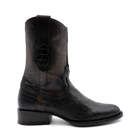 Men's Ferrini Winston black leather cowboy boot with embossed alligator-print vamp, round toe, and decorative shaft detail