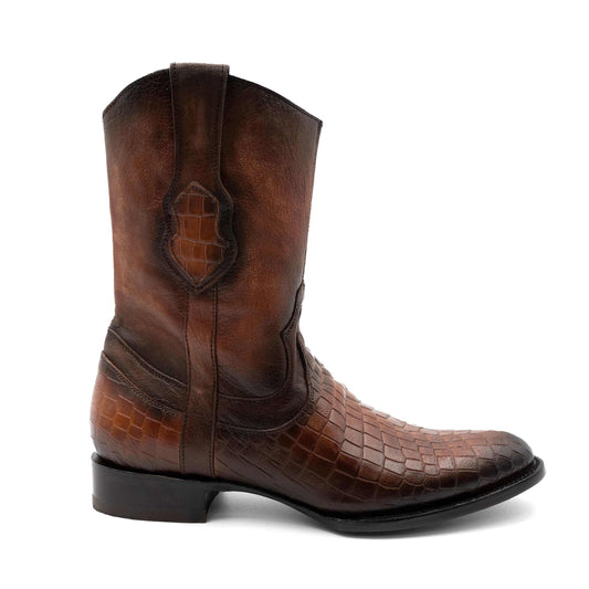 Men's Ferrini Winston boots in vintage brown leather with embossed alligator-print panels and a round toe