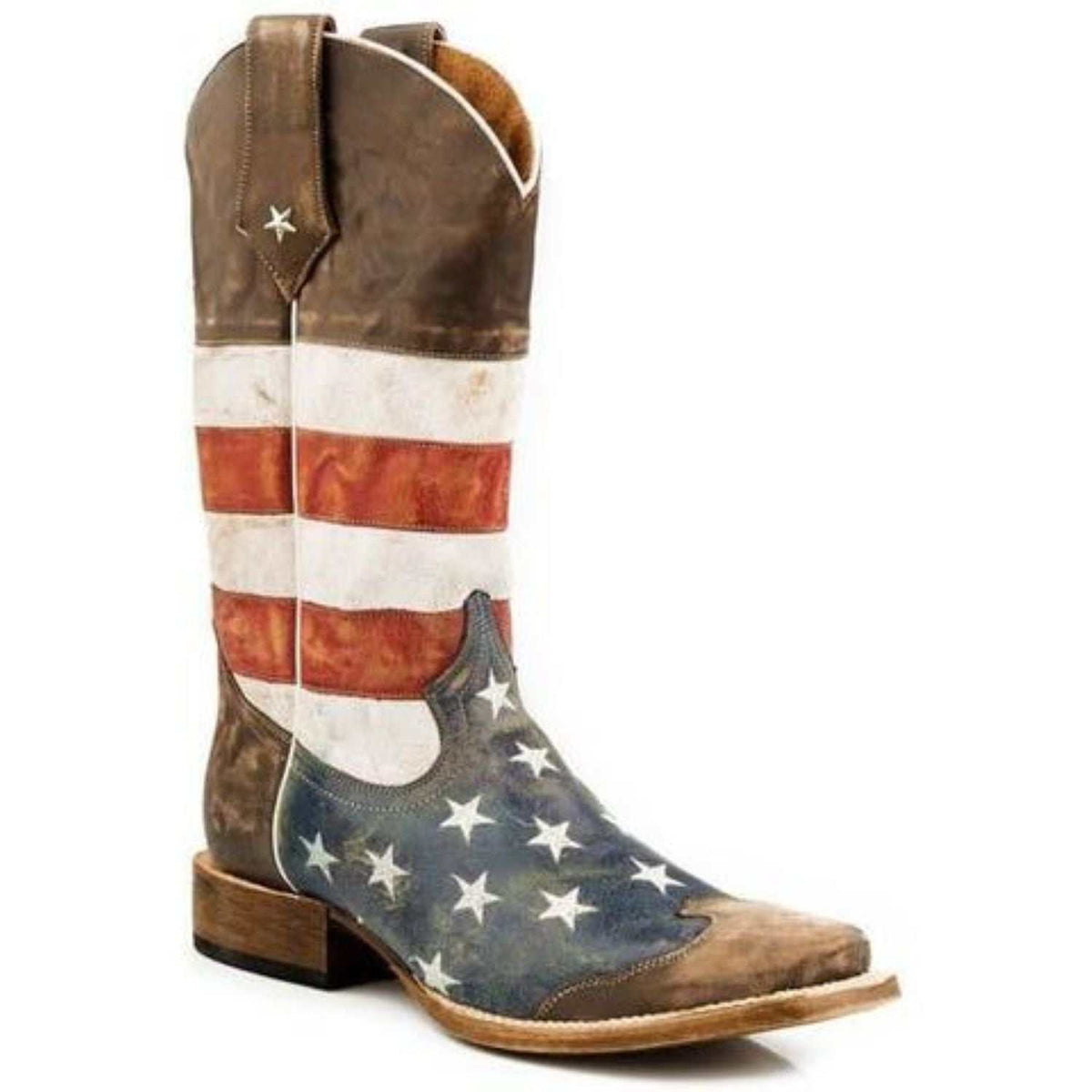 Men's Roper American West Boots in distressed leather with red and white stripes, blue star toe, and brown shaft