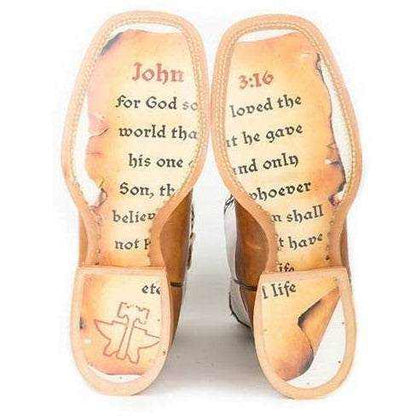Men's Tin Haul Boots with tan leather soles, black scripture lettering and cross artwork in a distinctive design