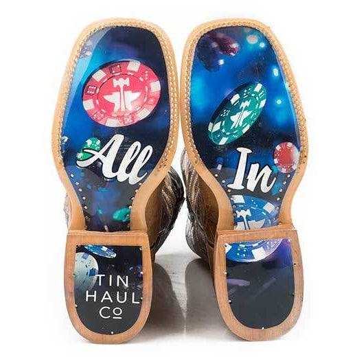 Men's Tin Haul High Roller Boots with tan leather soles, blue casino-chip graphics, and bold All In lettering