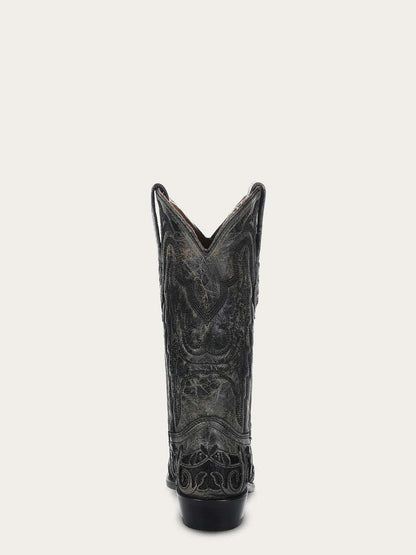Men's Corral Black genuine American alligator boots with intricate inlay and embroidery on 12.5-inch shaft and snip toe