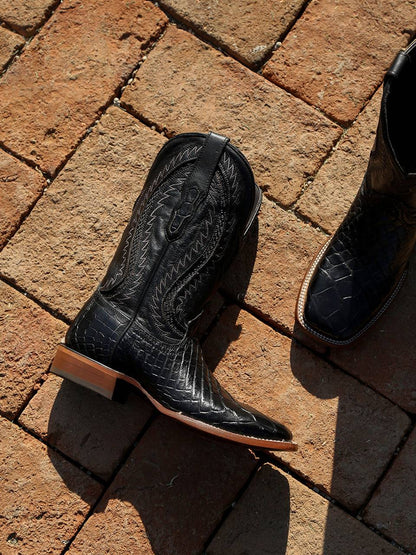 Men's Corral Black Genuine American Alligator Boots with Embroidery featuring intricate western inlay detailing, wide square toe, and black leather pull-on straps