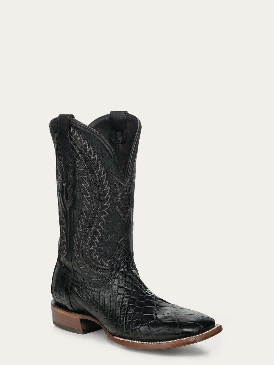 Men's Corral Black Genuine American Alligator Boots with Embroidery featuring black alligator leather, intricate western embroidery, and a wide square toe