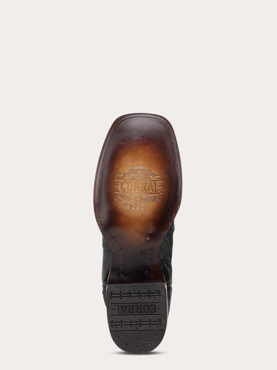 Sole view of Men's Corral Black Genuine American Alligator Boots with Embroidery showing embossed brand logo and leather outsole