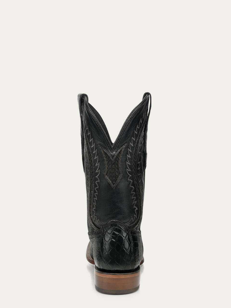 Men's Corral Black Genuine American Alligator Boots with Embroidery featuring black alligator leather, western embroidery on the tall shaft, and sturdy pull-on straps