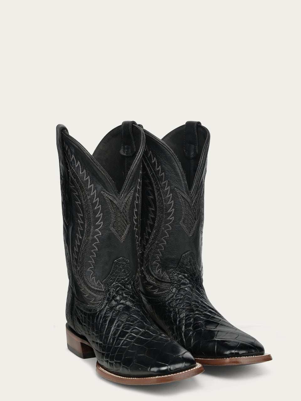 Men's Corral Black Genuine American Alligator Boots with Embroidery featuring black alligator leather foot, western embroidered shaft, wide square toe, and pull-on straps