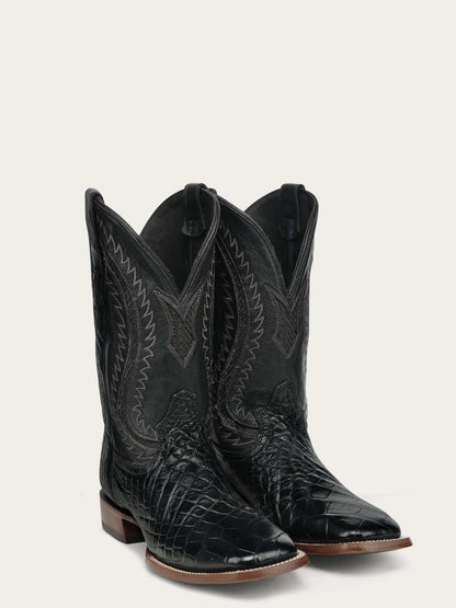 Men's Corral Black Genuine American Alligator Boots with Embroidery featuring black alligator leather foot, western embroidered shaft, wide square toe, and pull-on straps