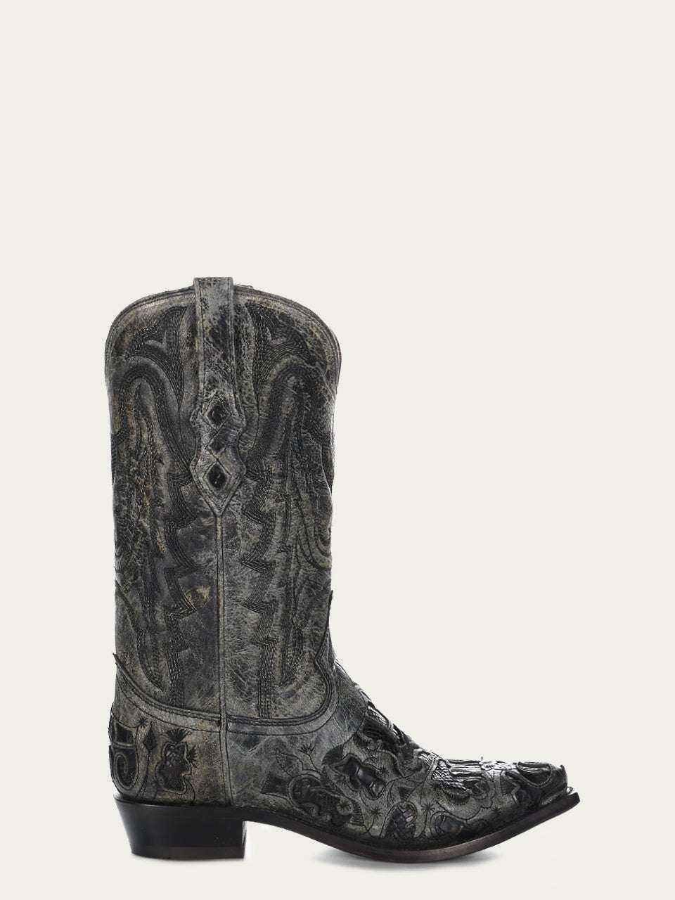 Men's Corral Black genuine American alligator cowboy boot with intricate inlay, embroidery, 12.5-inch shaft, and snip toe