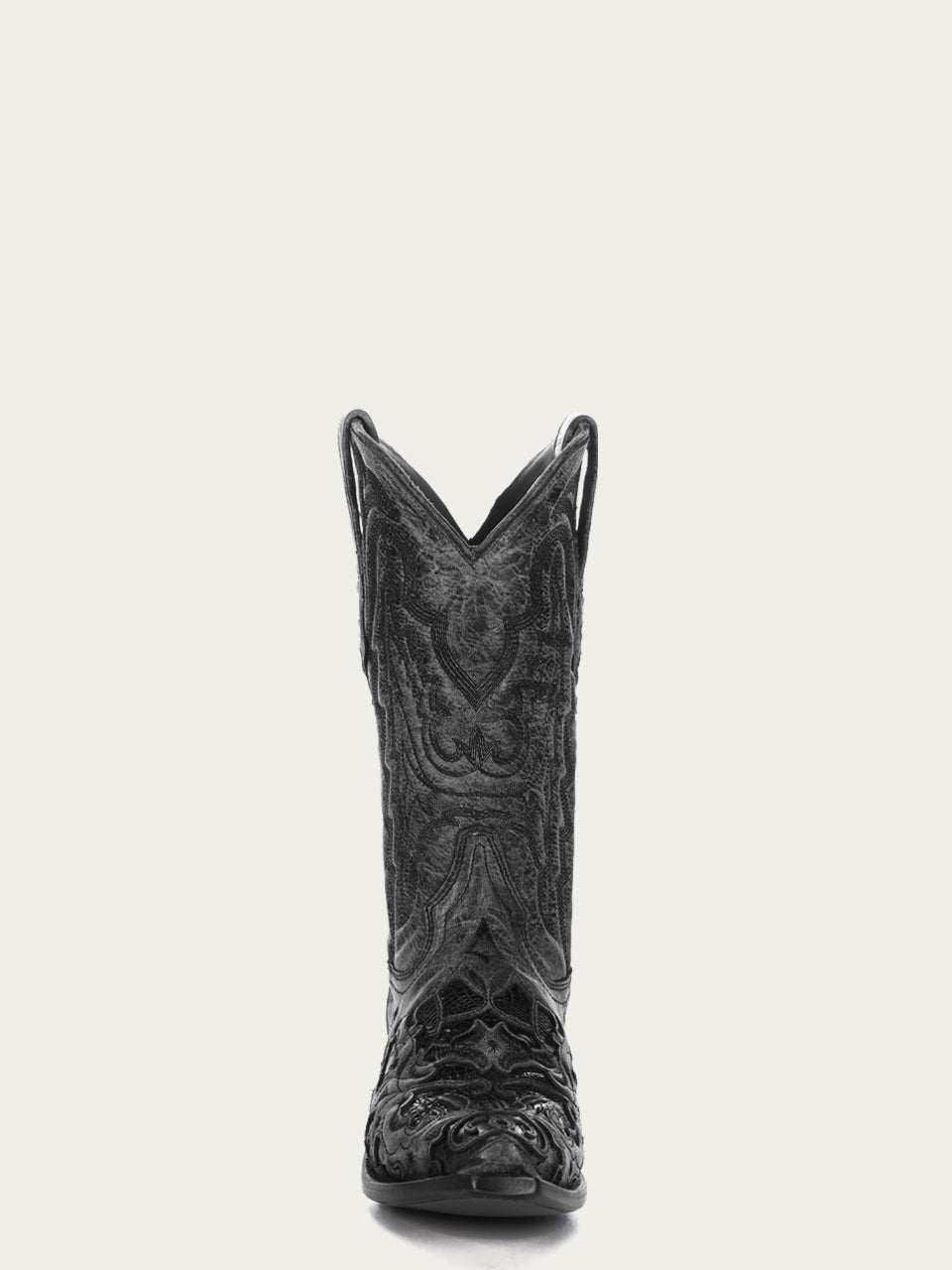 Men's Corral Black genuine American alligator boots with intricate embroidery, inlay, snip toe, and 12.5-inch shaft