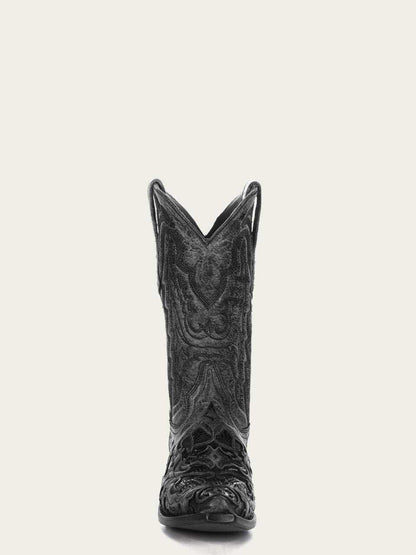 Men's Corral Black genuine American alligator boots with intricate embroidery, inlay, snip toe, and 12.5-inch shaft