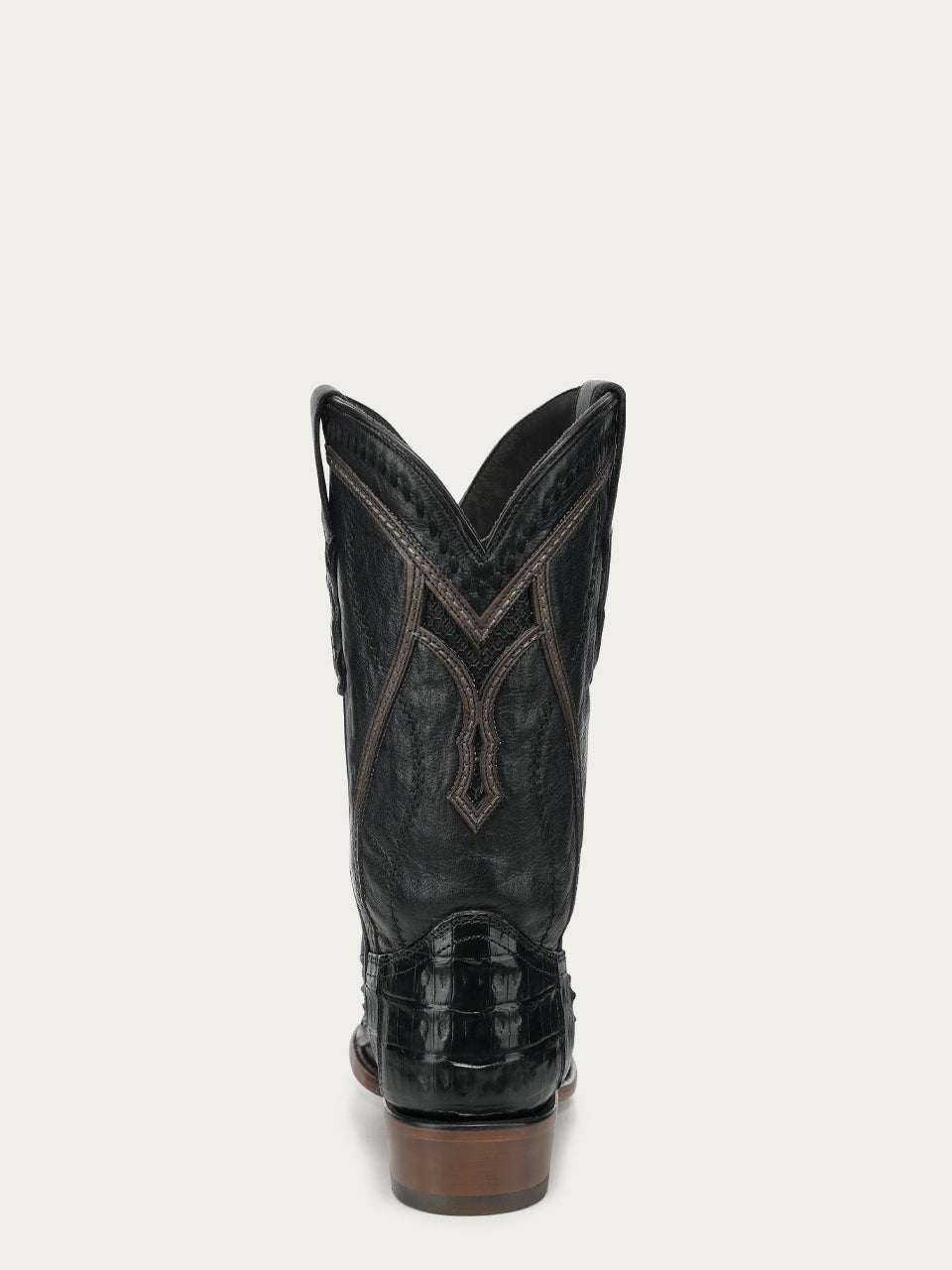 Men's Corral Black Genuine Caiman Boots with Inlay featuring black caiman leather, intricate woven detailing, and Western embroidery