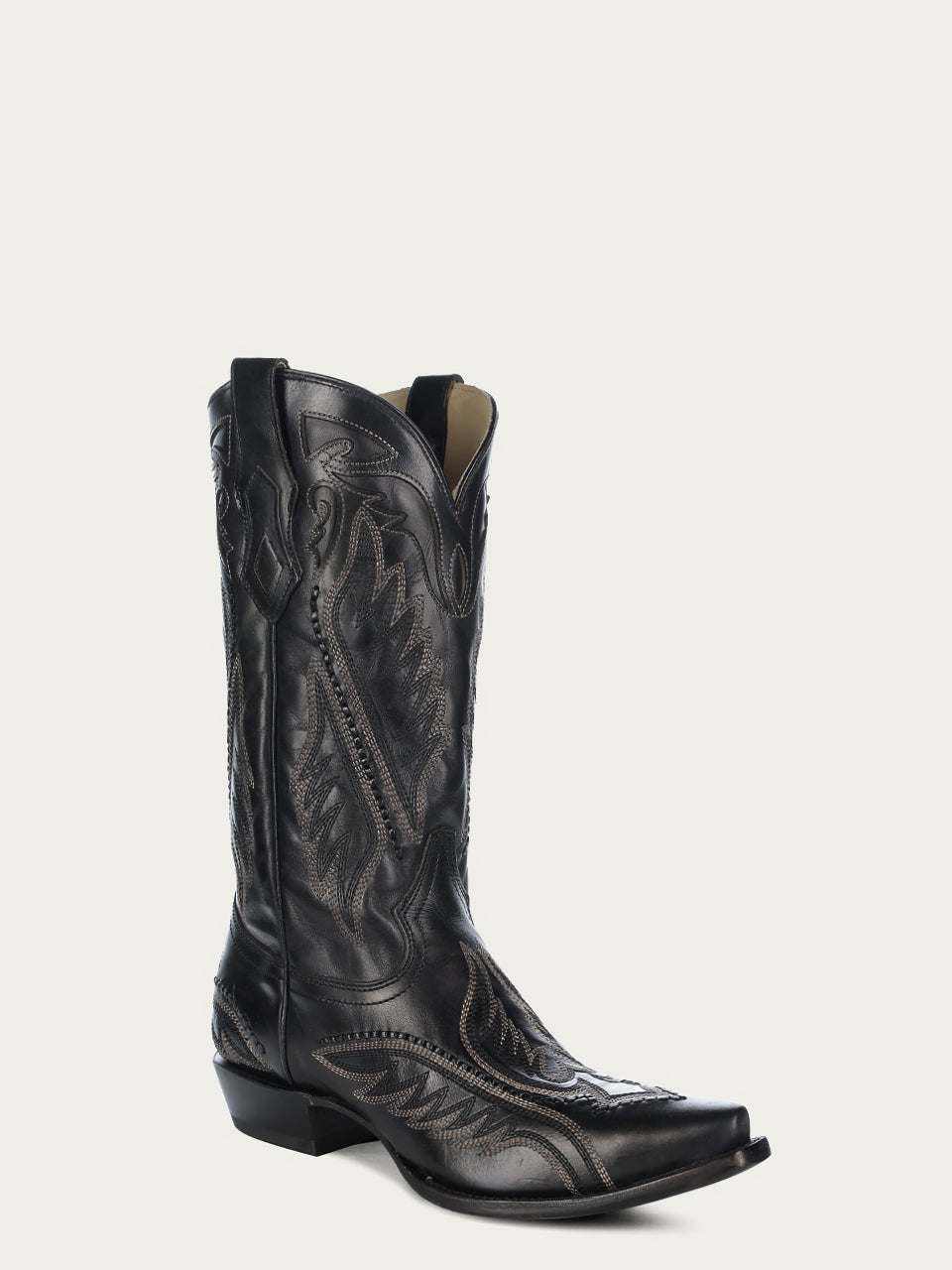 Men's Corral Black Genuine Leather Boots with Embroidery feature black leather, ornate stitched patterns, and a pointed toe.
