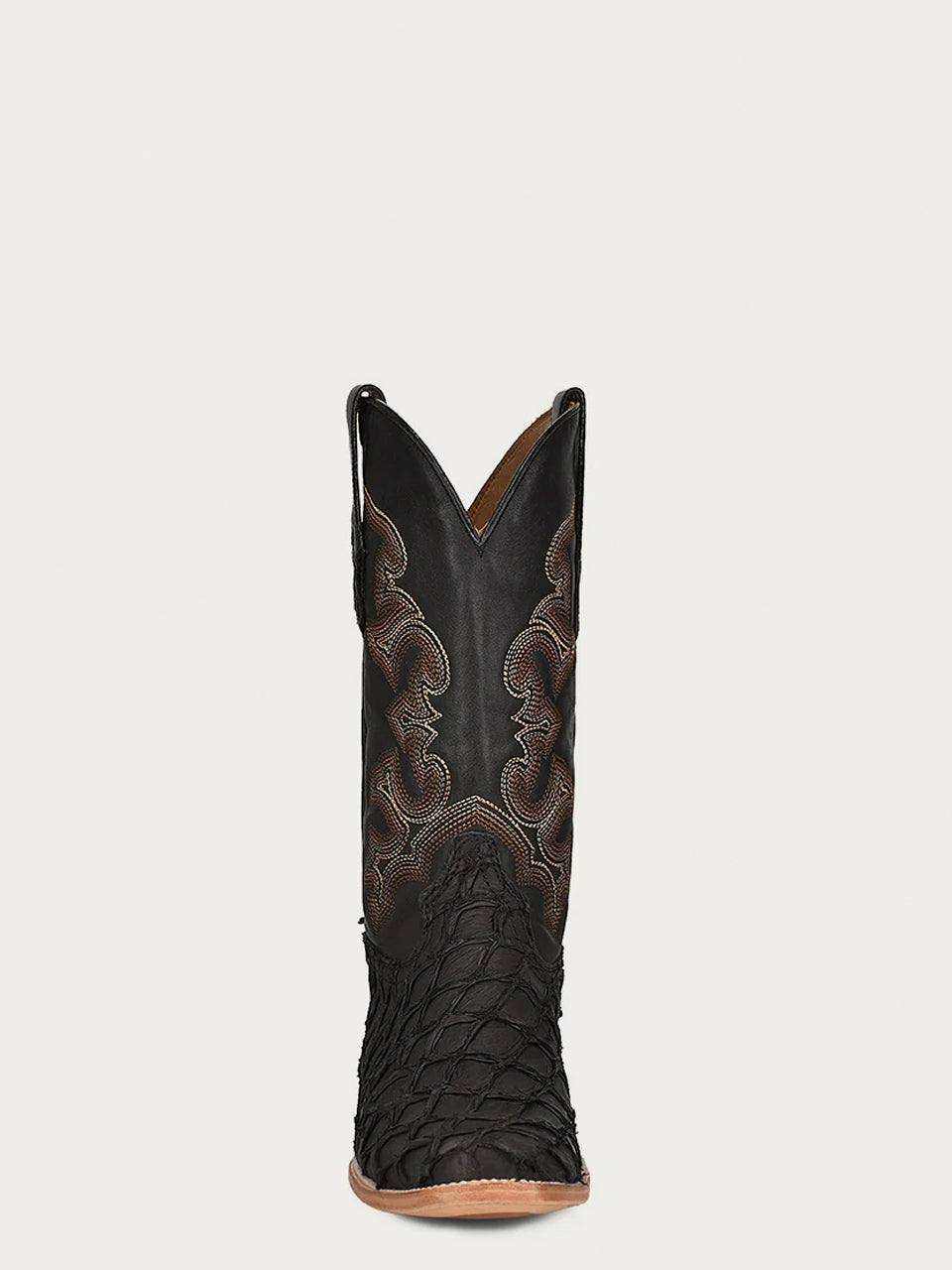 Men's Corral Black Genuine Pirarucu Fish Boots with black textured fish leather and an embroidered leather shaft