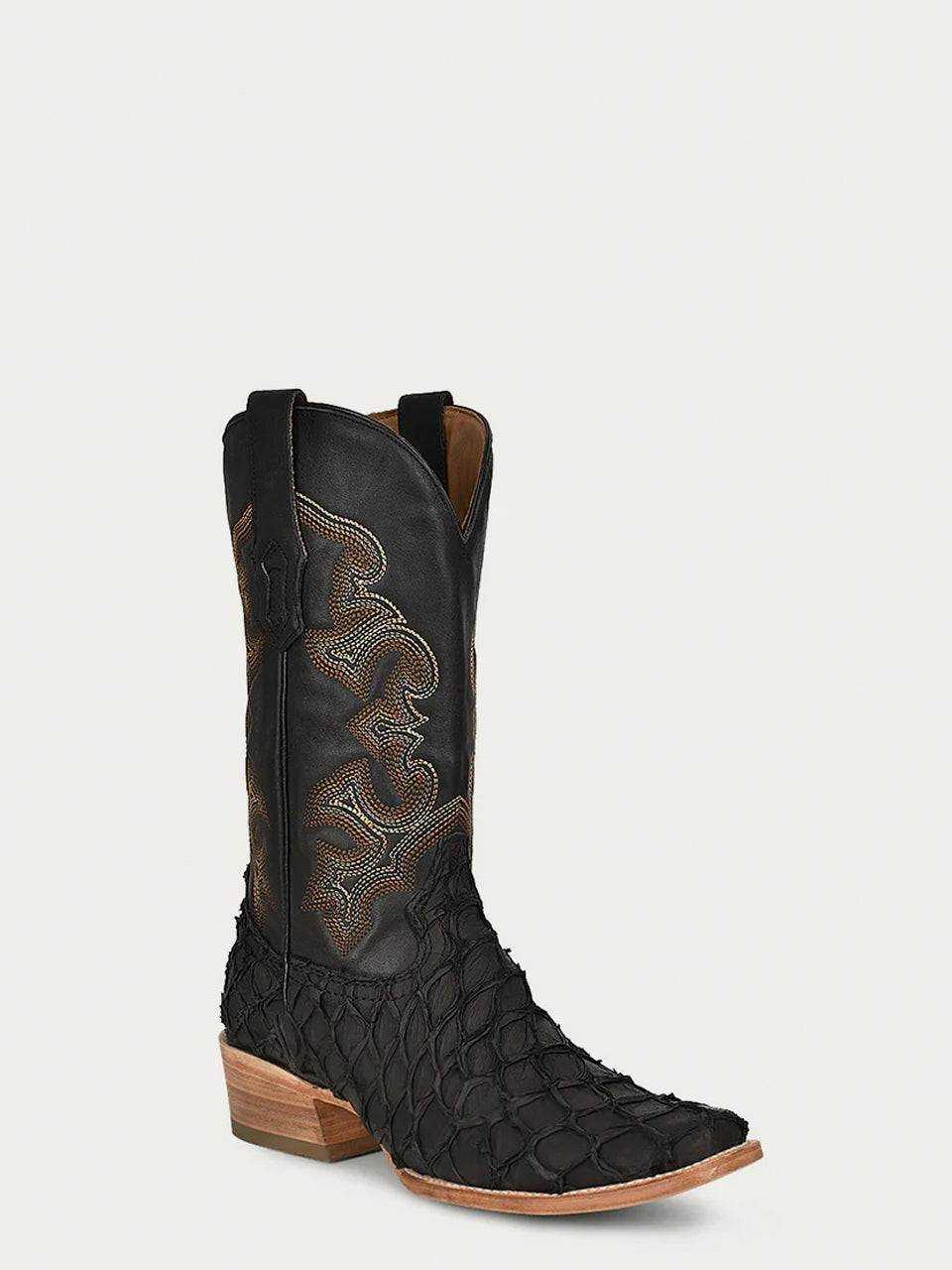Men's Corral Black Genuine Pirarucu Fish Boots with Embroidery