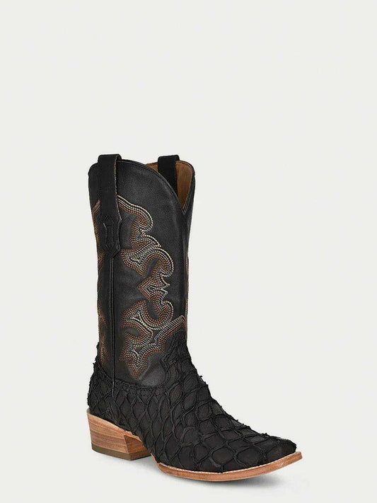 Men's Corral Black Genuine Pirarucu Fish Boots in black textured fish leather with embroidered shafts and pointed toes